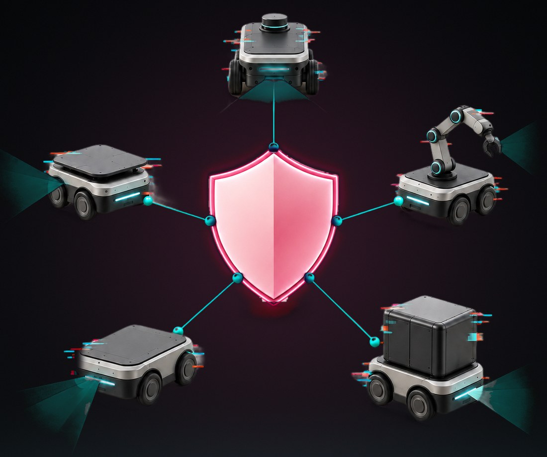 A glowing pink shield at the centre of five connected robots: a tower robot, two rovers, a robot arm on a base and a boxed carrier. Some robots show glitch streaks while the shield stays intact.